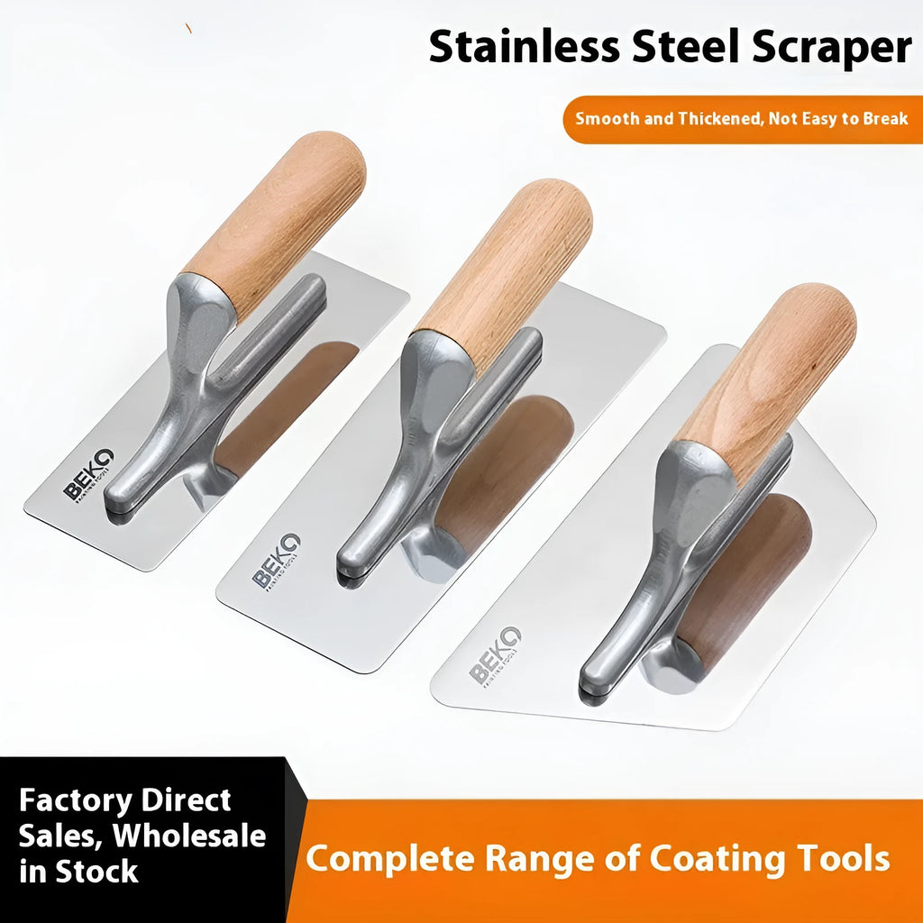 Stainless steel putty scraper with wooden handle shown in three different blade size options