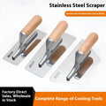 Stainless steel putty scraper with wooden handle shown in three different blade size options