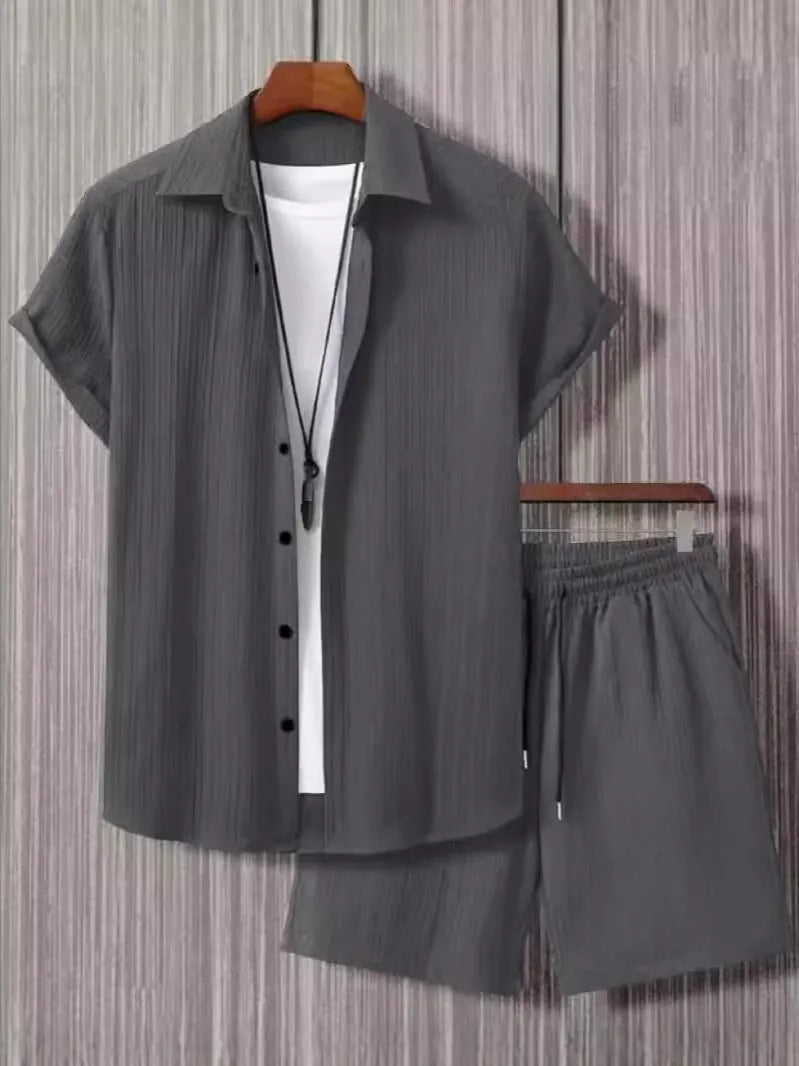 Men's jacquard short sleeve suit shorts set in chemical fibre blending fabric