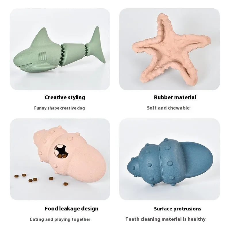 Blue rubber dog toy shaped like a shark conch for food dispensing and chewing.