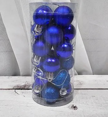 Assortment of shiny matte finish 3cm Christmas ball ornaments in gold, red, silver, and blue colours.