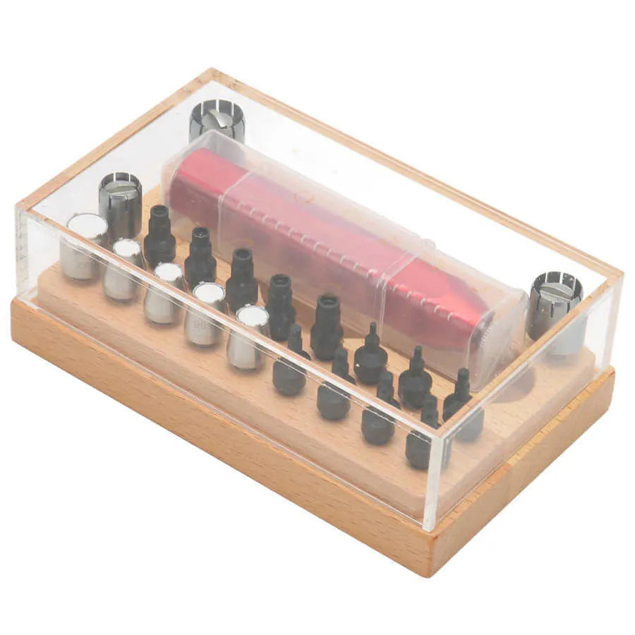 Set of 20 steel extracting tubes for watch repair in a compact toolkit.