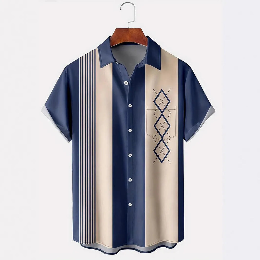 Men's plaid short-sleeve shirt cardigan with lapel collar showing elastic fabric detail