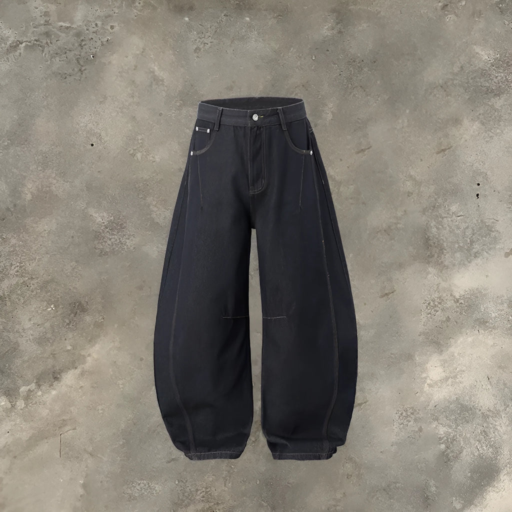 Men's wide leg denim trousers in original cow colour showing full length and relaxed fit