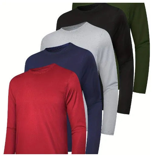 Men's lightweight hoodie four-pack in elastic polyester fibre showing colour options and hooded styles
