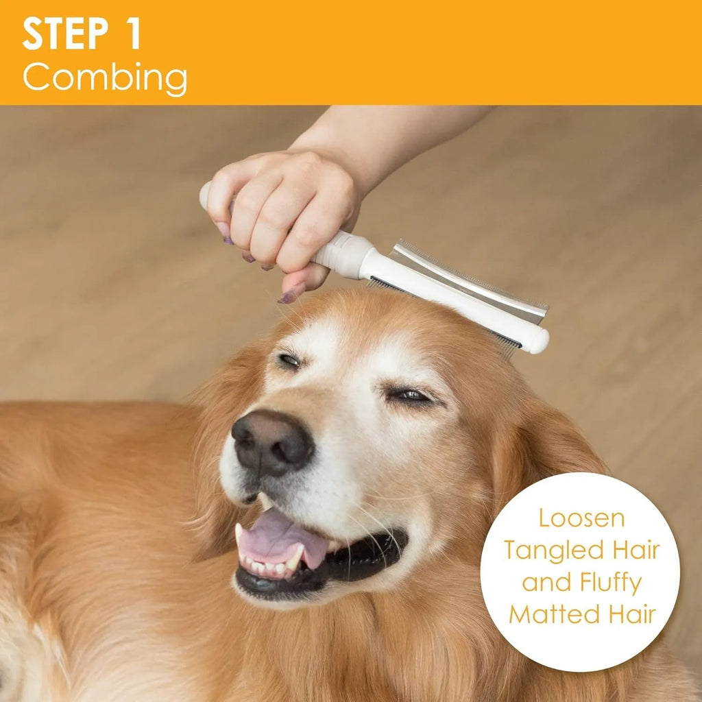 White 2-in-1 pet grooming brush with comb and deshedding sides, ergonomic handle