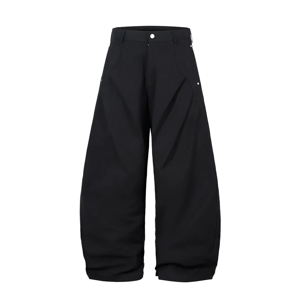 Men's black pleated machete casual trousers with loose-fitting wide-leg design and cotton fabric