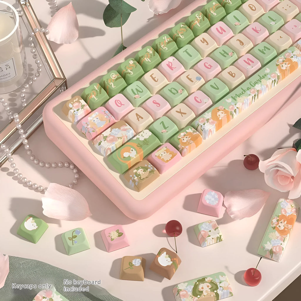 Custom sublimation printed mechanical keyboard keycap set showing graphic design, available in 138-key or 158-key configurations.