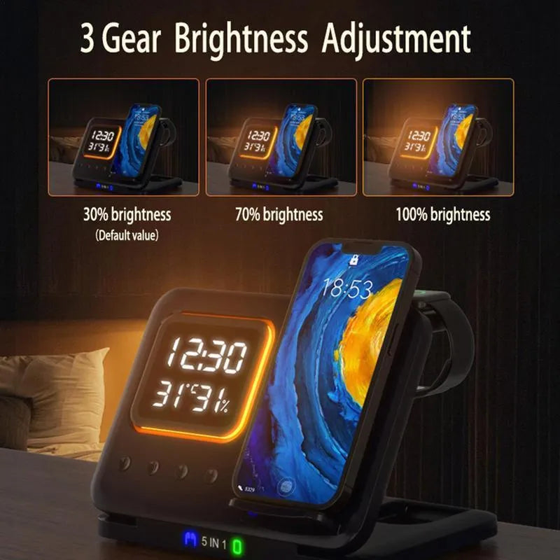 Black and white wireless charging dock station with digital clock display, charging a phone, watch, and headphones.
