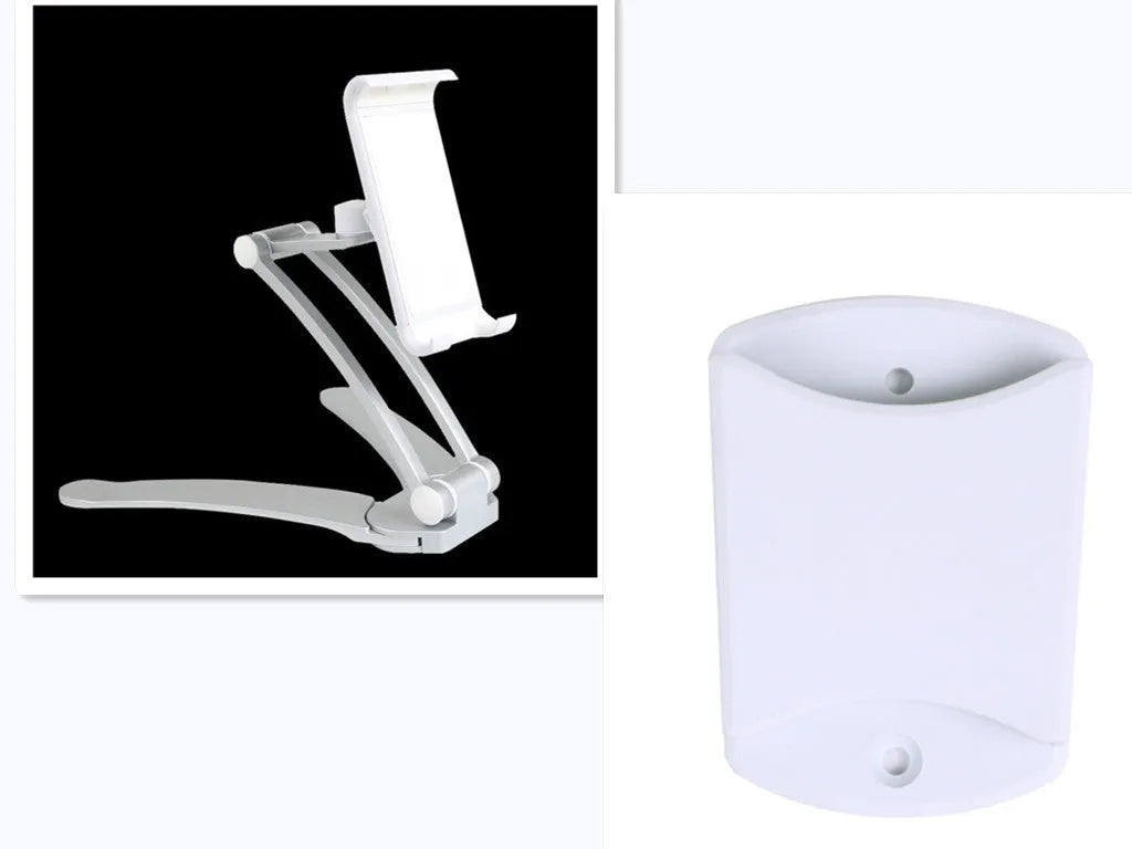 Silver aluminium alloy tablet stand with white mount and adjustable clip on a desktop