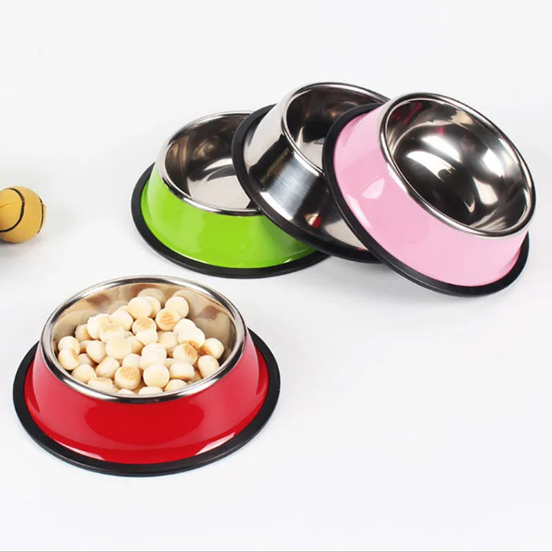 Stainless steel and colourful melamine pet bowl with a non-slip rubber base.