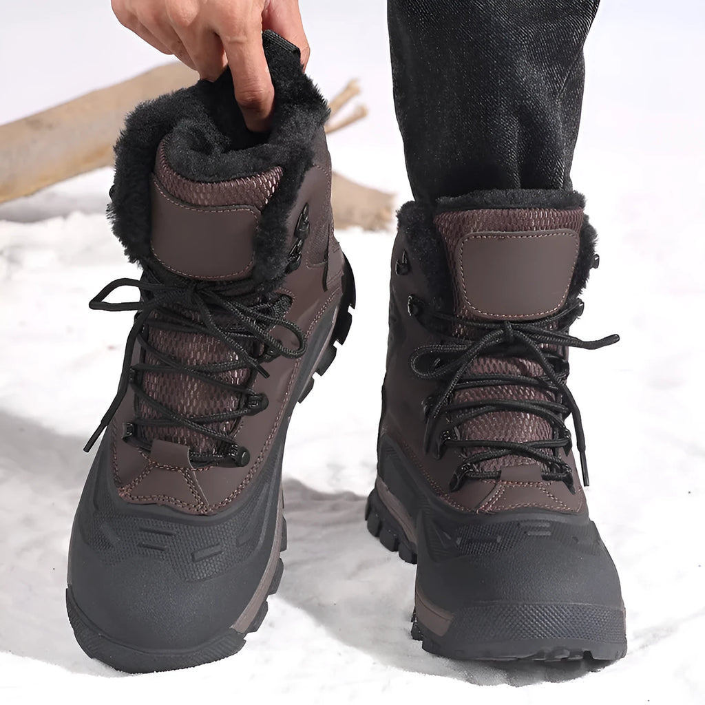 Men's black and khaki velvet high-top boots with fleece lining and lace-up front