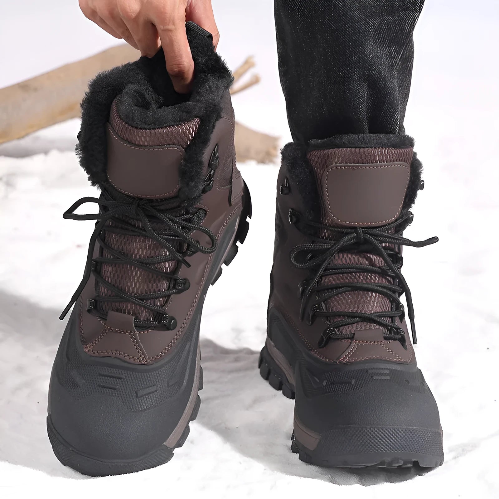 Men's black and khaki velvet high-top boots with fleece lining and lace-up front