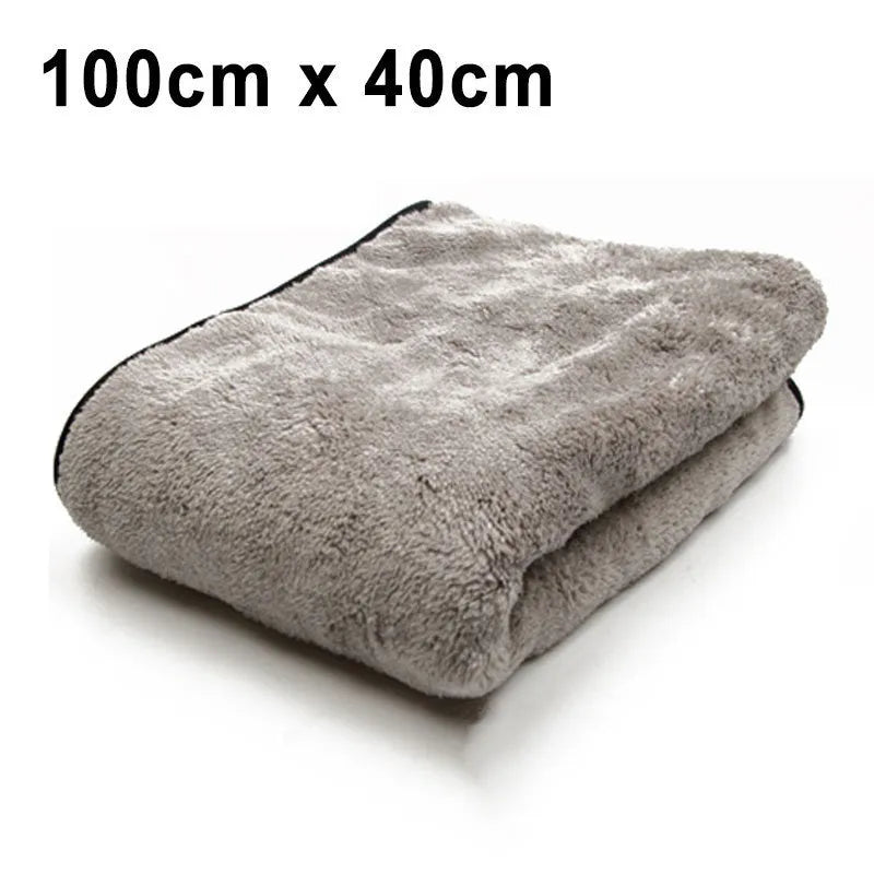 Microfiber car drying towel set showing size options: 75cm by 35cm, 60cm by 40cm, and 100cm by 40cm.