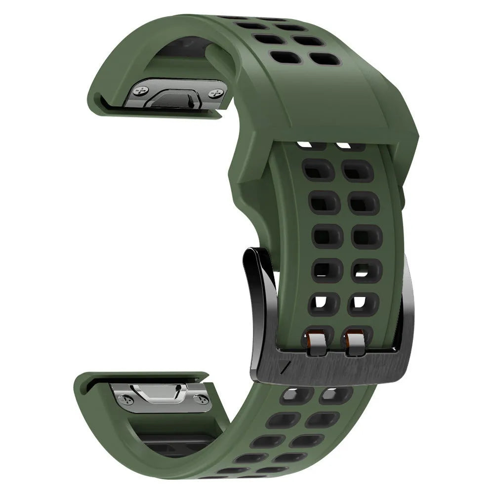 Quick release double-row hole silicone sports watch strap in a two-tone colour on a watch.