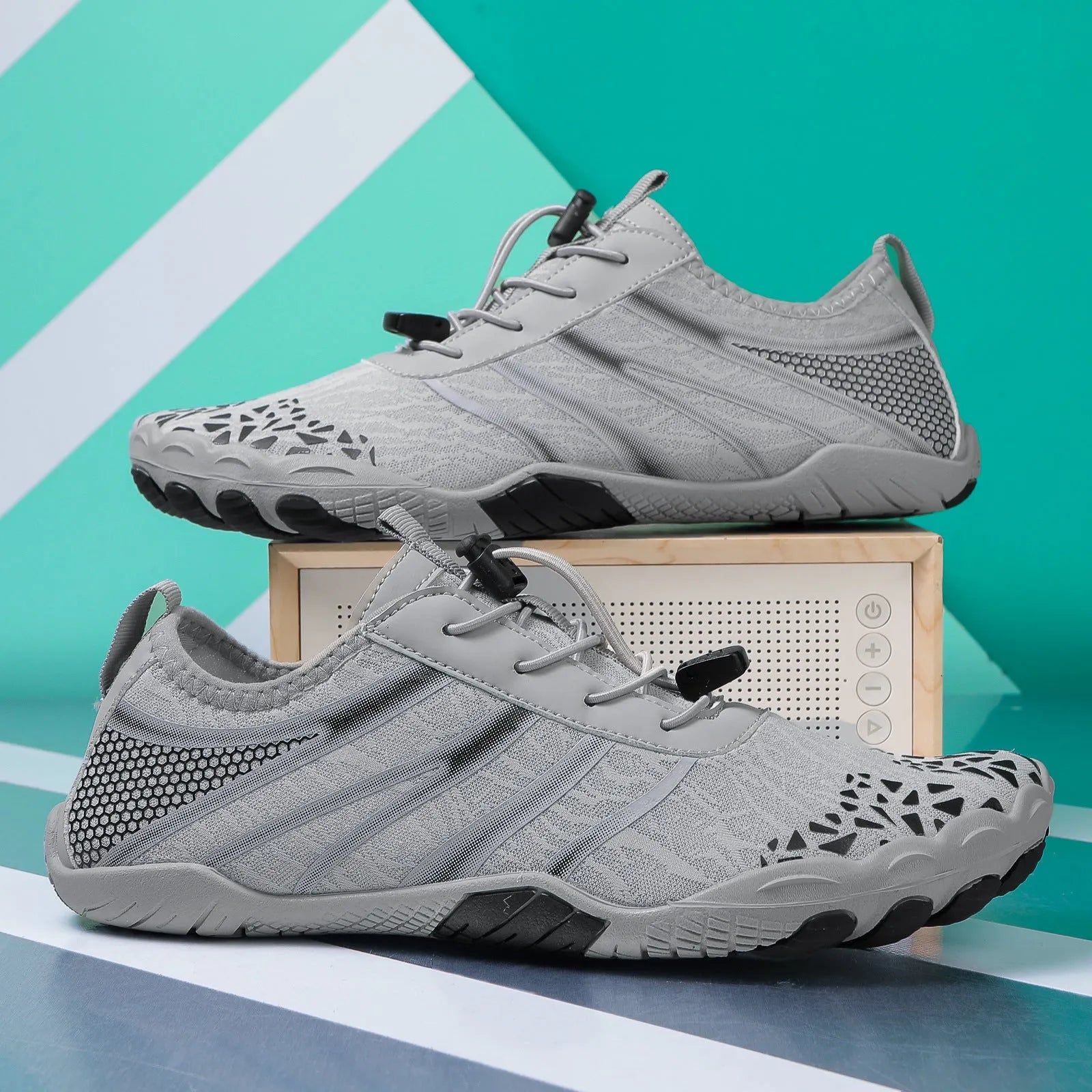 Unisex casual beach running shoes with Lycra stretch fabric uppers in beige colour.