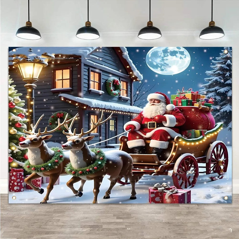 Large red and white Santa Claus Christmas banner with gift design, measuring 210cm wide by 150cm high.
