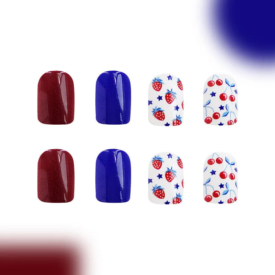 Short glossy red and blue strawberry cherry Independence Day nail stickers - 24 piece set with C409 pattern