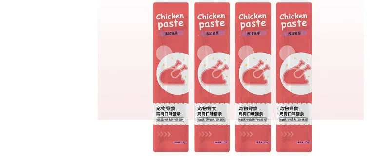 Functional cat strip snacks in four flavours: chicken catgrass, duck tea polyphenol, salmon astaxanthin, tuna prebiotics