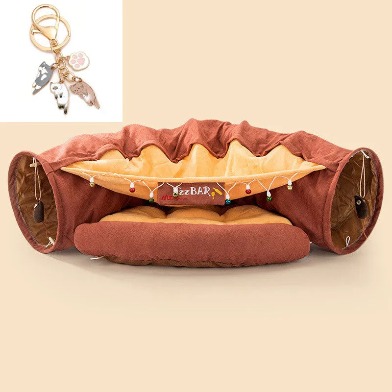 A collapsible cloth cat tunnel in Bar colour, showing its arched shape and dimensions for feline play.