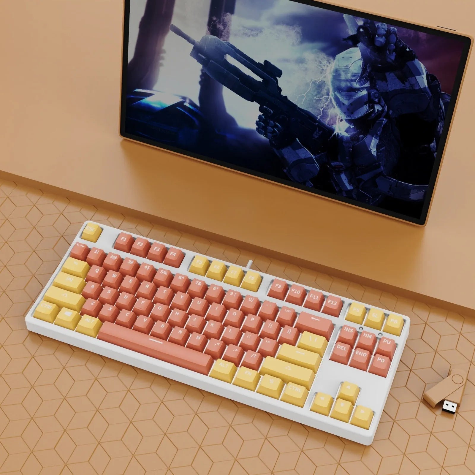 87-key wired mechanical gaming keyboard with hot-swappable switches shown in a two-tone colour scheme on a metal chassis.