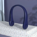 Blue bladeless neck fan with USB charging cable, worn around neck.