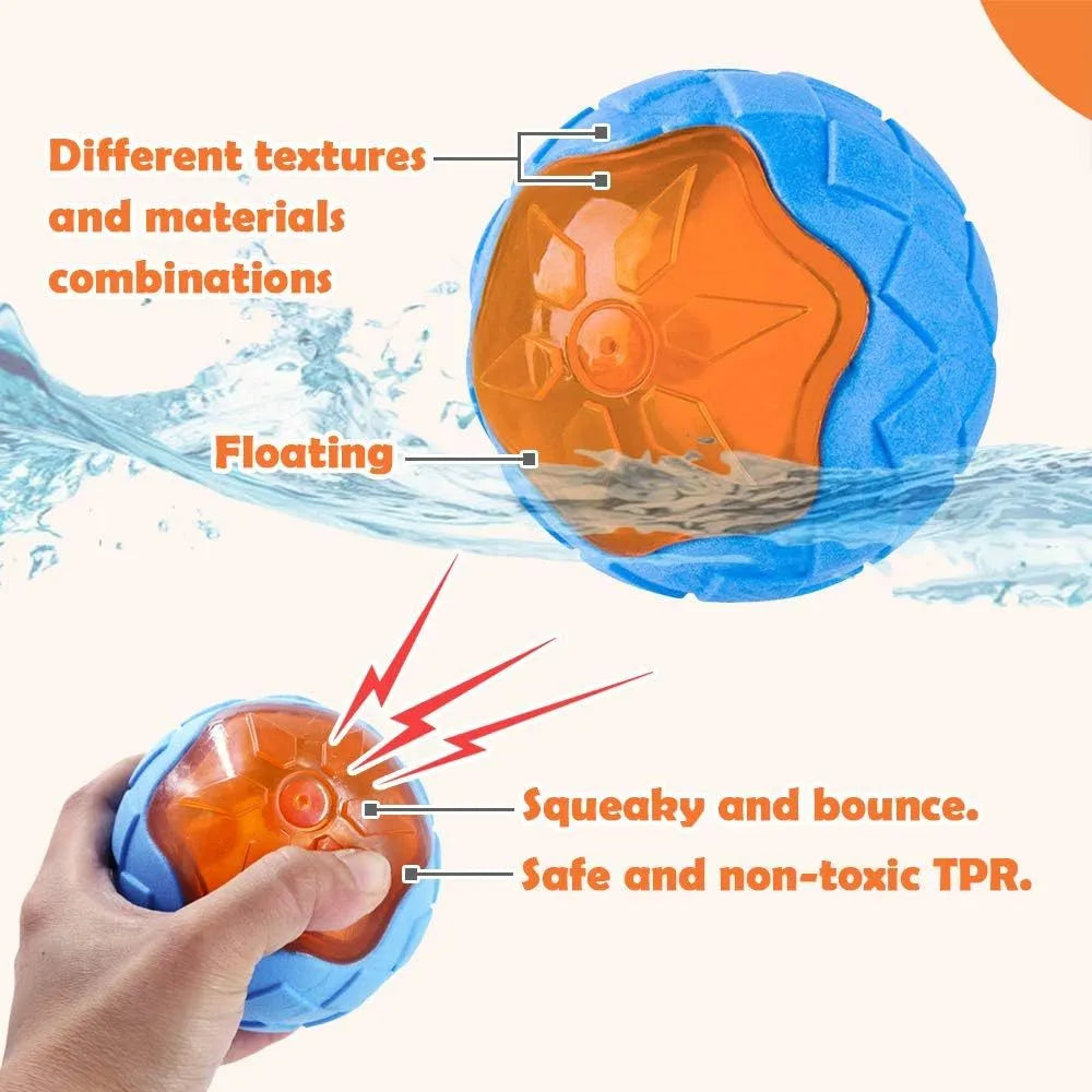 Set of three floating TPR dog toys: a squeaky ball, barbell, and tyre for water fetch.