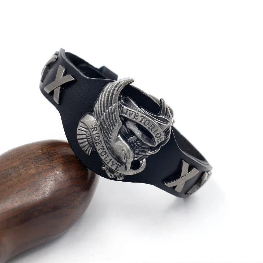Black leather bracelet with eagle watch buckle clasp geometric design