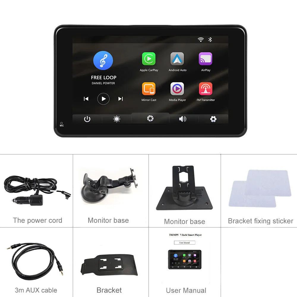 7-inch HD wired car multimedia player with screen, mounting brackets, cigarette lighter plug, and auxiliary cable on a dark background.