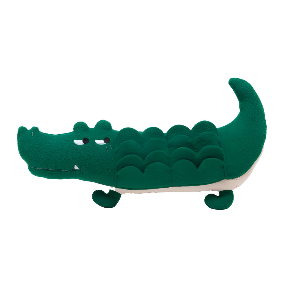 Green plush toy dog measuring 35cm long by 18cm wide