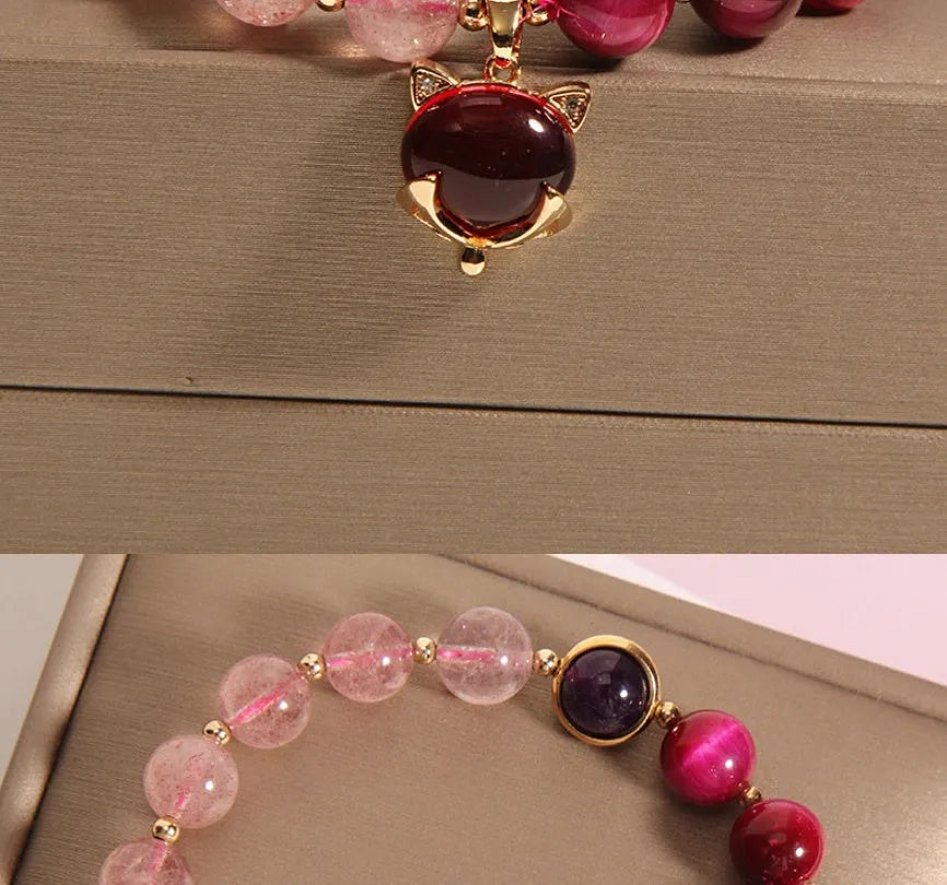 Women's simple bracelet with strawberry crystal beads on elastic rope, showing picture-accurate colour