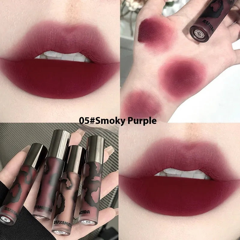 Lava Secret Matte Lip Mud Lipstick in shades orange brown coffee, cool grey, cinnamon coffee, jujube red, and smoked purple.