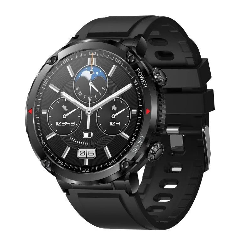 T30 smart watch with circular IPS screen on a silicone strap, showing health metrics and call interface.