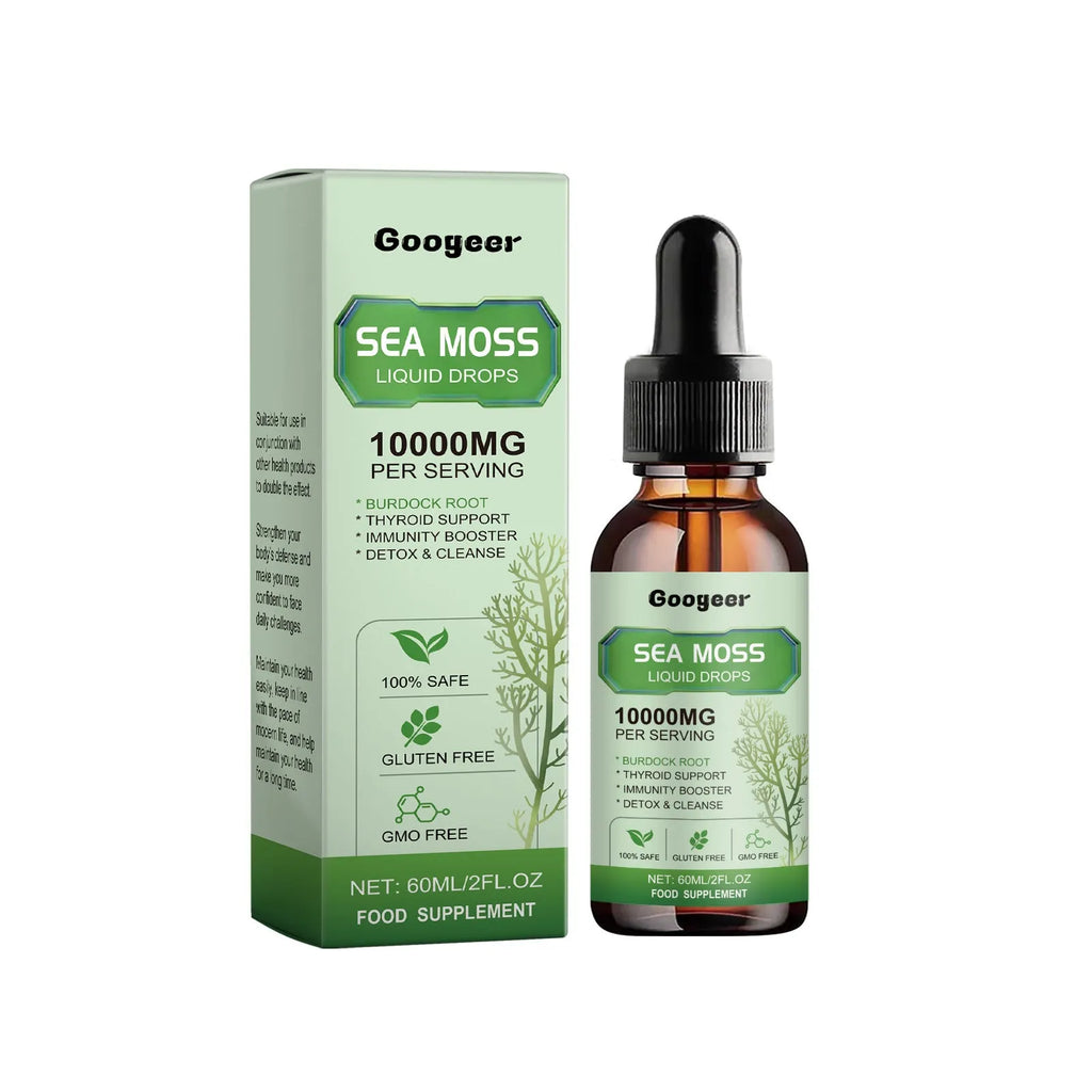 Googeer sea moss liquid drops body treatment bottle, 60ml capacity, 3.3x3.3x12cm.