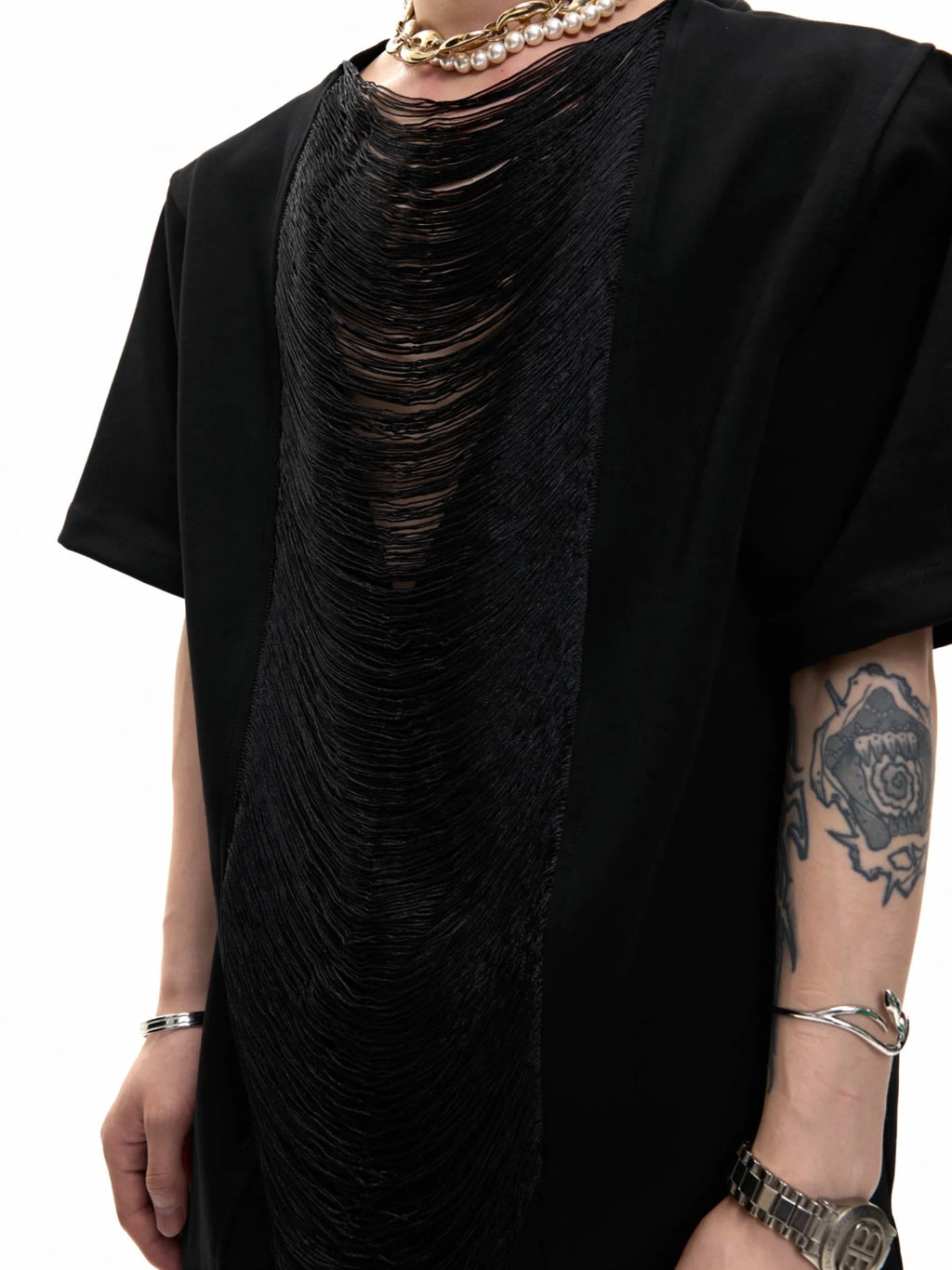 Men's loose black V-neck short sleeve T-shirt with tassel detail on hollow-out polyester fabric.