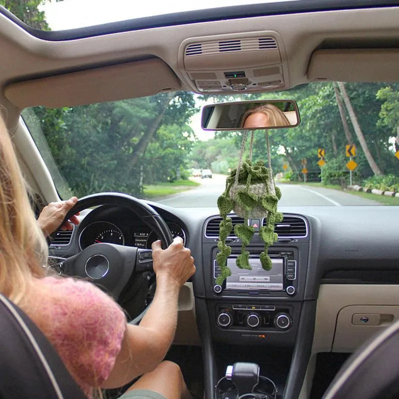 Green and white knitted wool car plant decoration with 25cm hanging rope