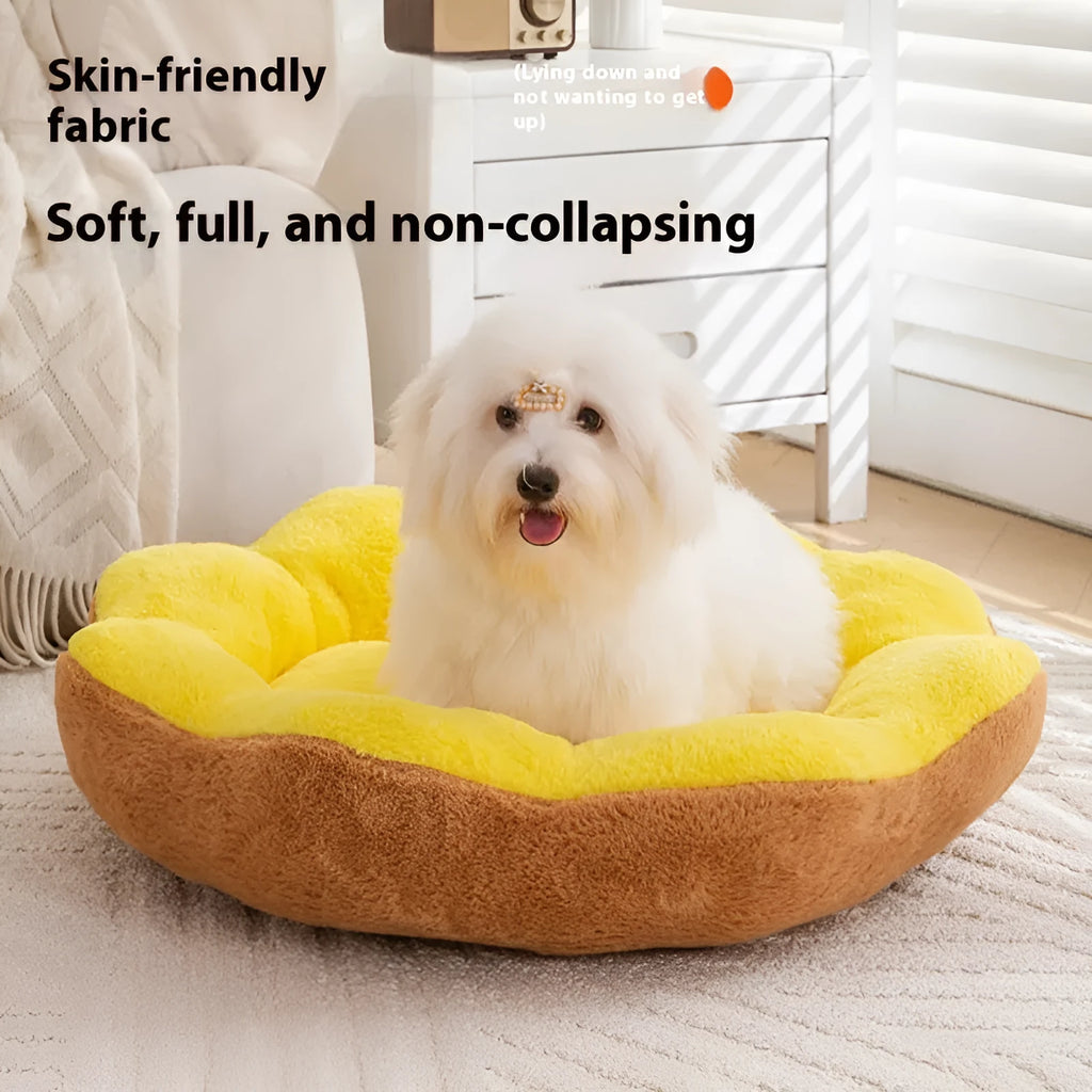 Round rabbit plush cat bed with detachable design in yellow brown colour, shown in L size dimensions