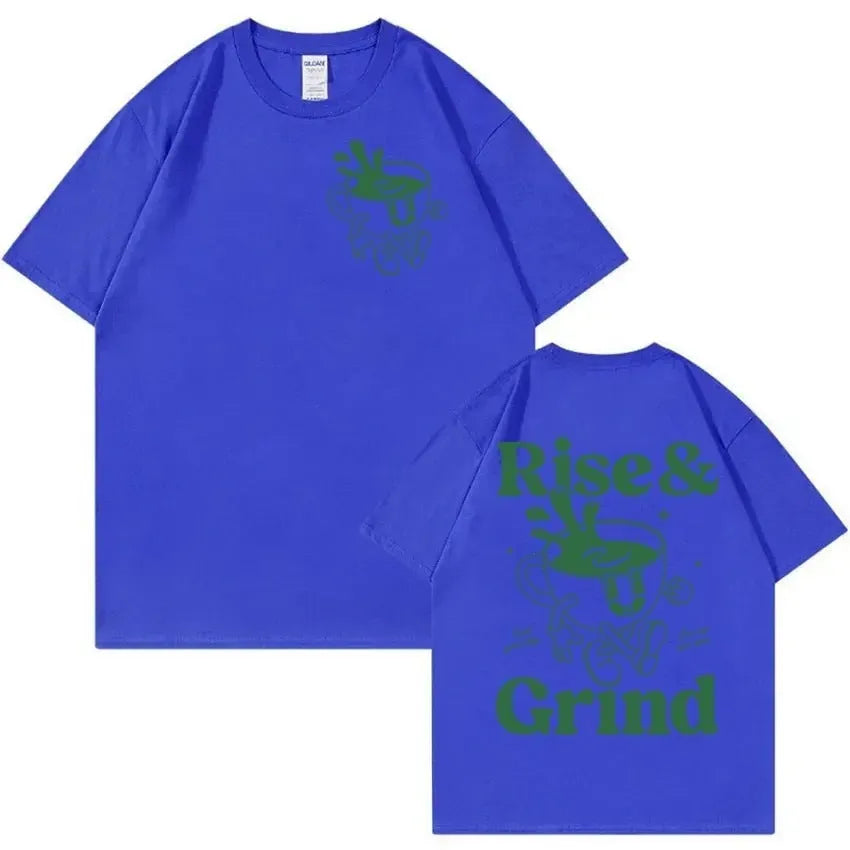 Loose fit black linen t-shirt with green Rise And Grind coffee cartoon print on chest.