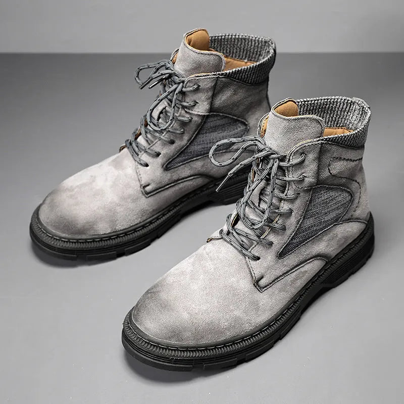 Men's vintage Martin boots in black, grey or sand colour with round toe and low thick heel