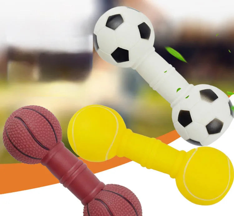 Brown, orange, white, and yellow PVC squeaky football dumbbell shaped dog chew toy