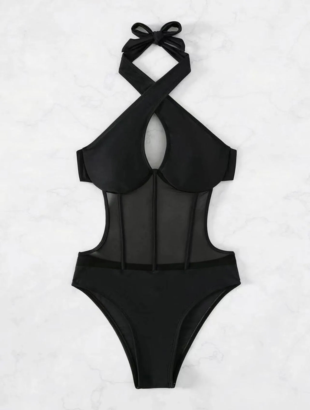 Ladies one-piece swimsuit bikini in nylon blend fabric, shown in black, rose red, and green colour options.