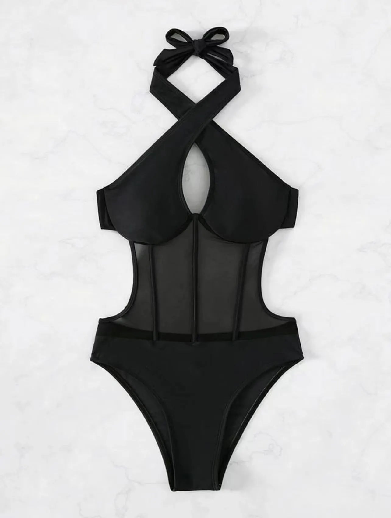 Ladies one-piece swimsuit bikini in nylon blend fabric, shown in black, rose red, and green colour options.