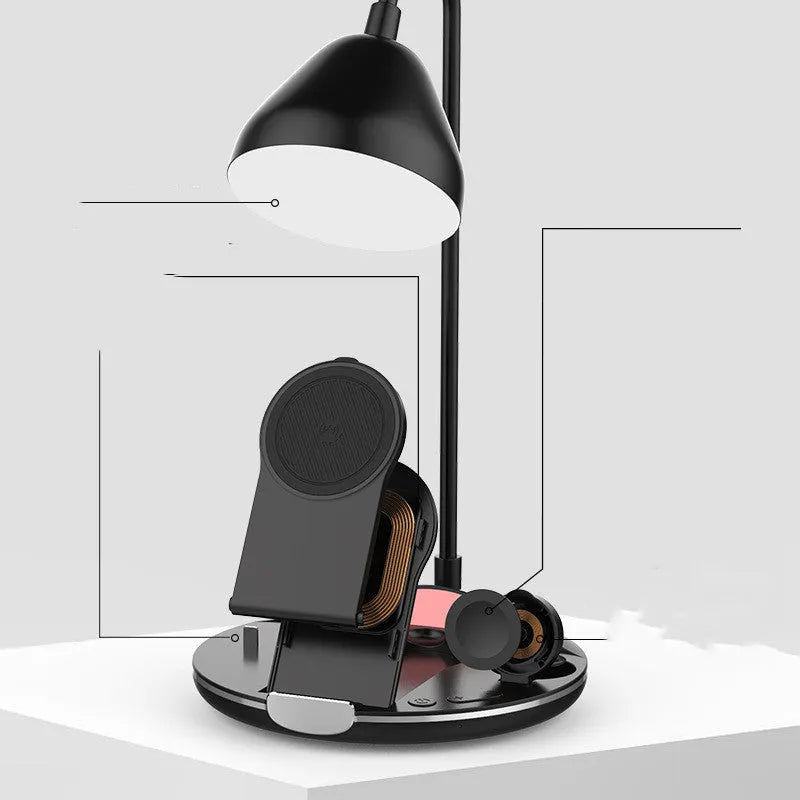 Black and white magnetic folding wireless charger showing extended and folded positions