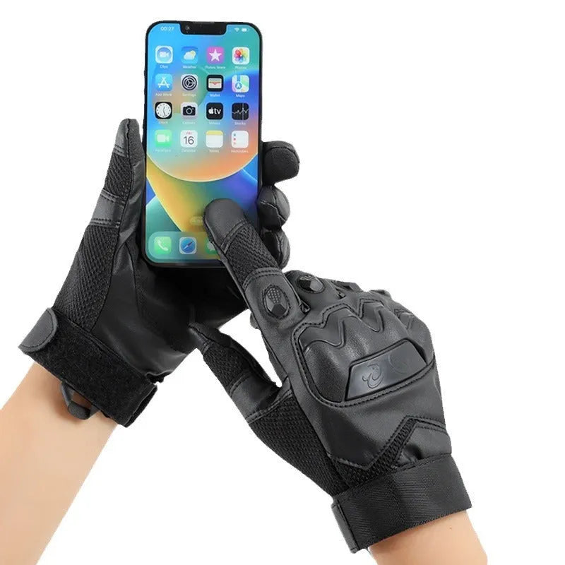 Men's black full finger tactical gloves with touch screen capability on the fingertips.