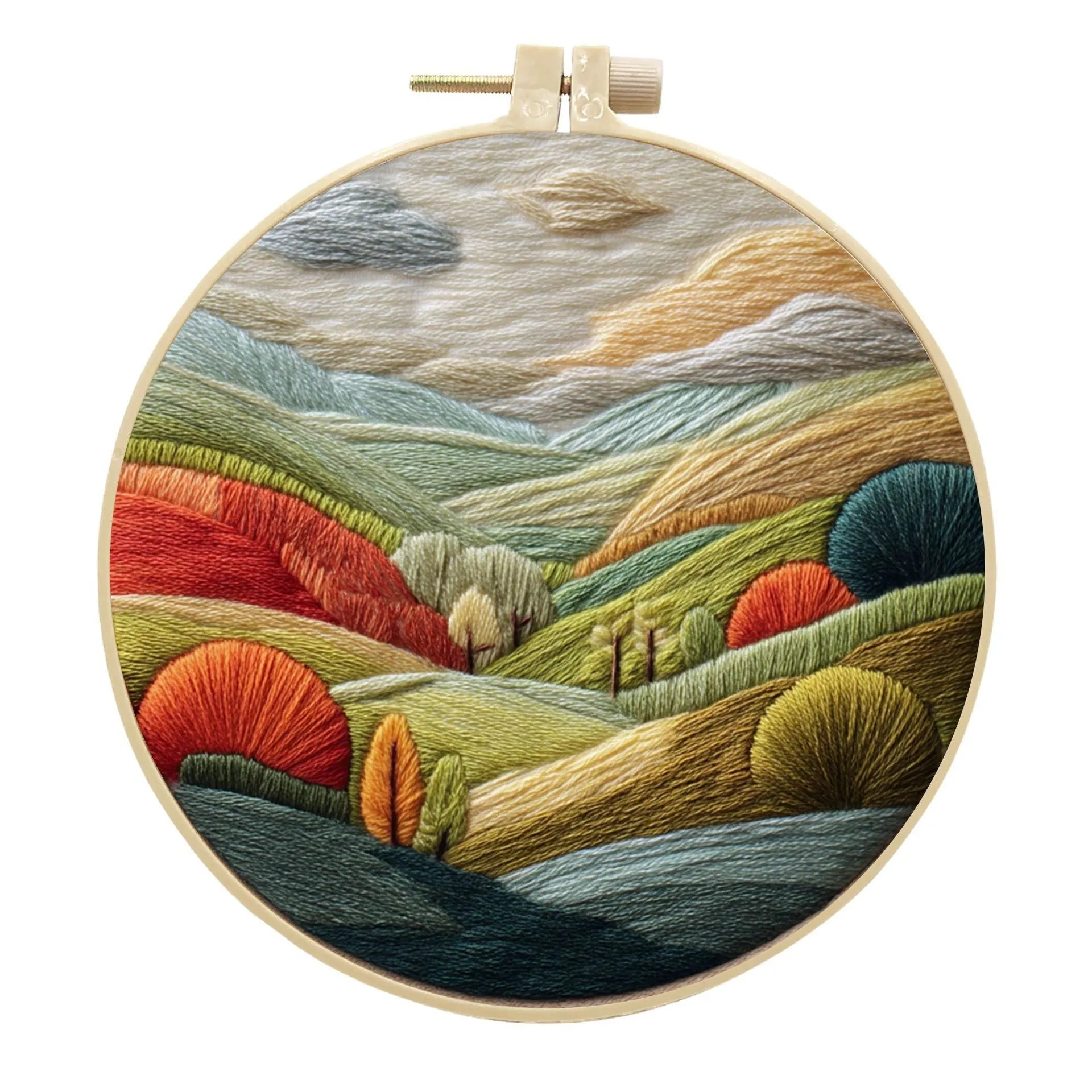 Landscape embroidery DIY kit with cotton linen fabric, 15cm imitation bamboo frame, and embroidery tools