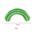 Green, rainbow, and yellow cat toy set with noise-maker, catnip, and a striped pillow measuring 23 by 20 cm.