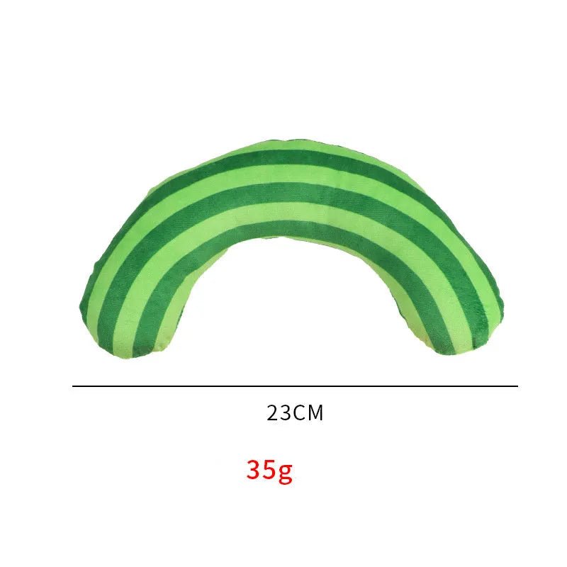 Green, rainbow, and yellow cat toy set with noise-maker, catnip, and a striped pillow measuring 23 by 20 cm.