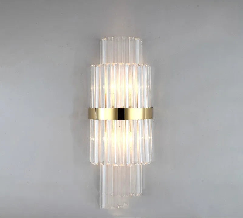 Modern petal-shaped crystal wall lamp with titanium finish in living room setting