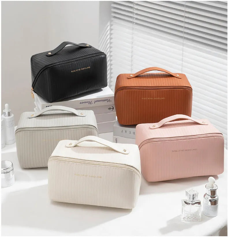Cubic PU makeup bag with vertical pattern pillow design in beige, black, brown, grey, pink colours