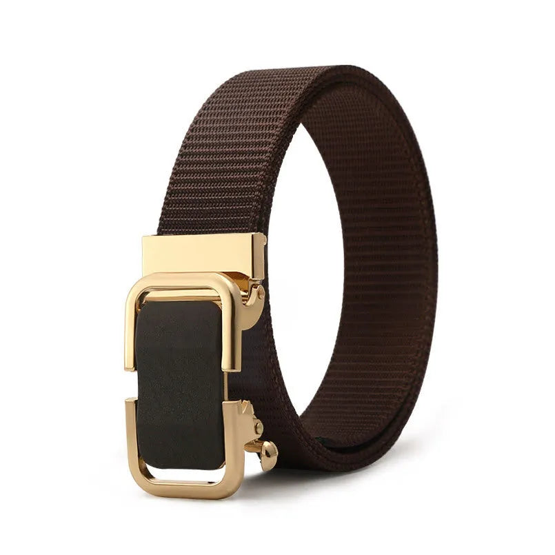Toothless nylon canvas men's belt with alloy buckle shown in multiple colour options